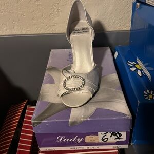 Elegant White Peep-Toe Heels with Rhinestone Buckle